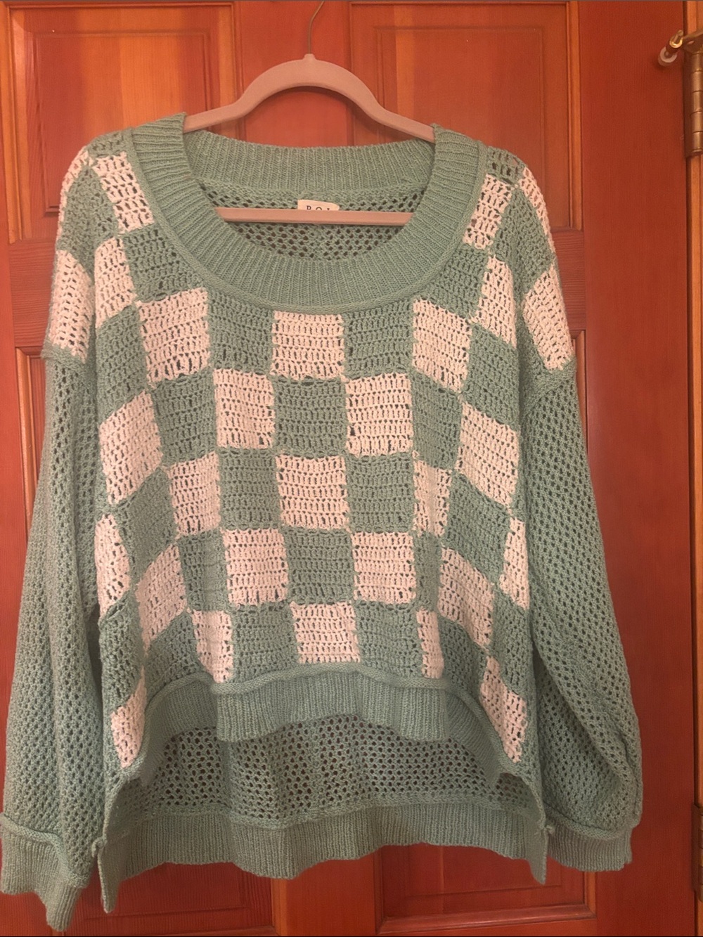 POL Light Sage and Cream Checkerboard Open-Knit Sweater